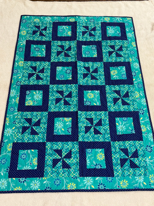 Pinwheels & Squares In Turquoise & Navy Lap Quilt