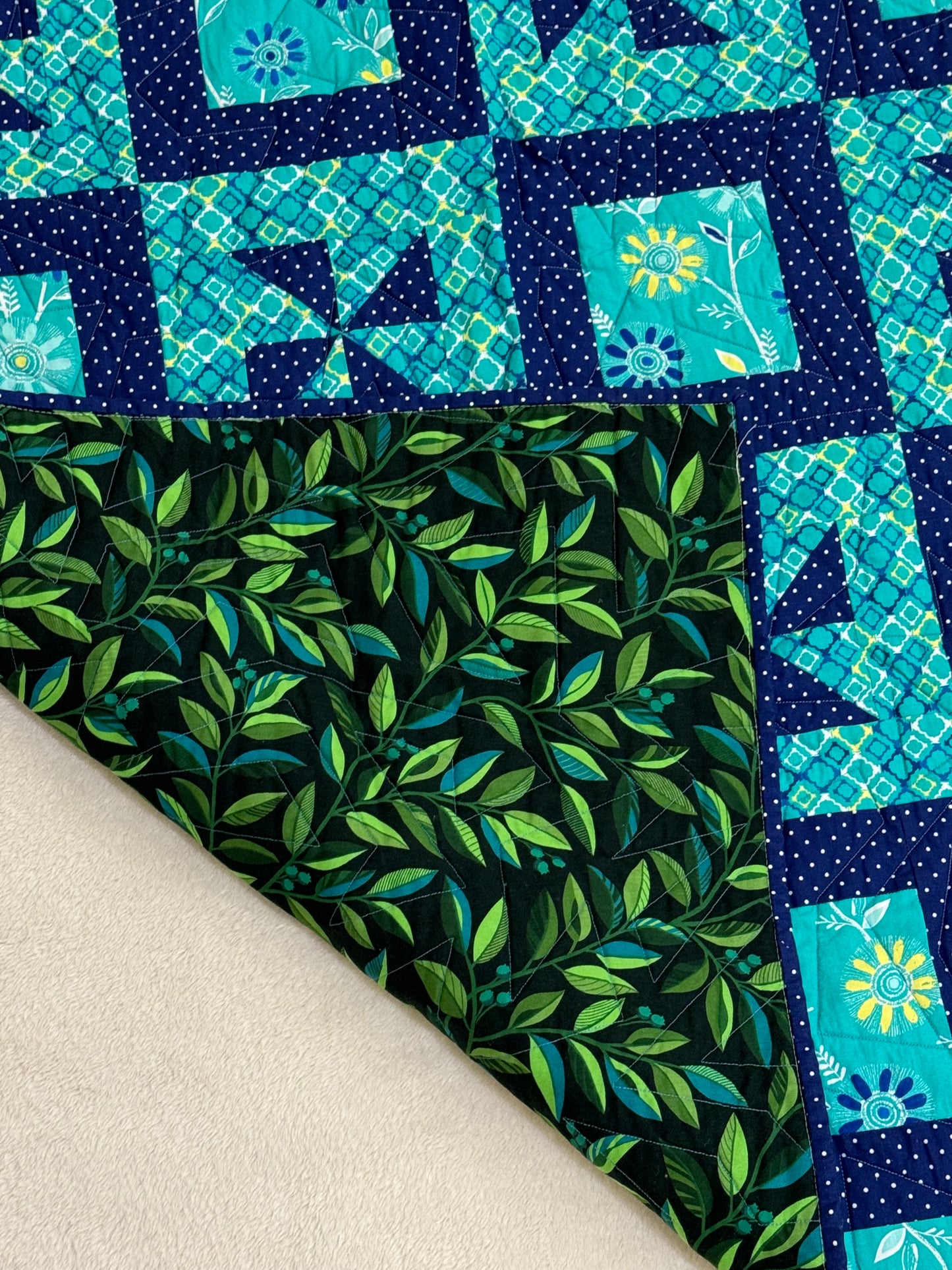 Pinwheels & Squares In Turquoise & Navy Lap Quilt