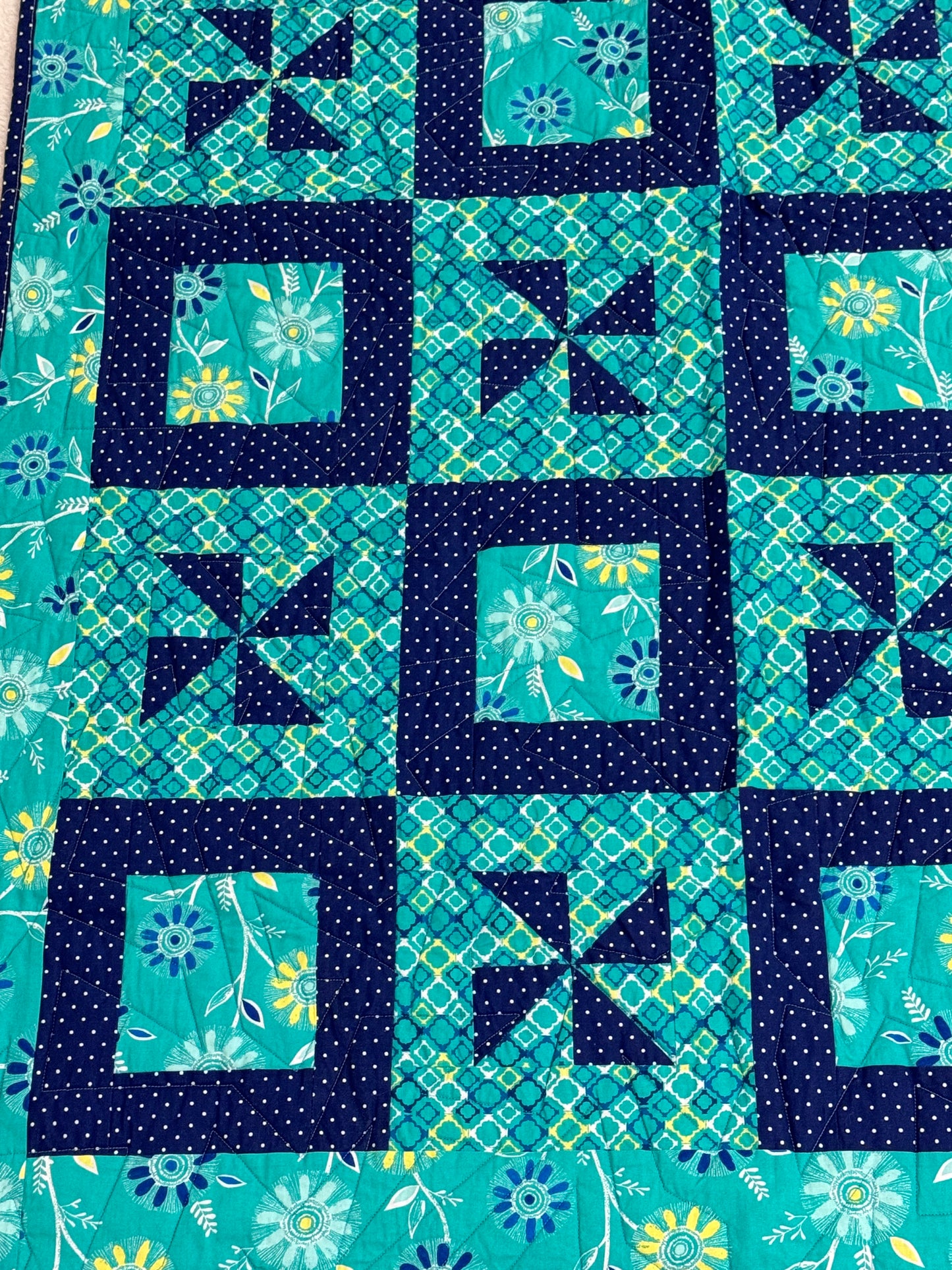 Pinwheels & Squares In Turquoise & Navy Lap Quilt